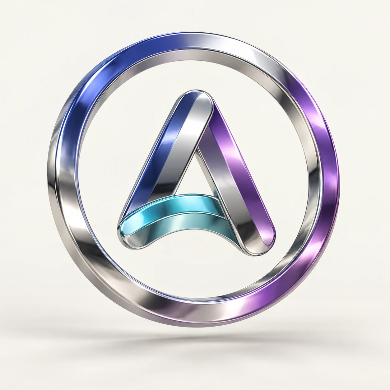 Símbolo da BDM Agency em metal cromado, com reflexos em azul, roxo e ciano
